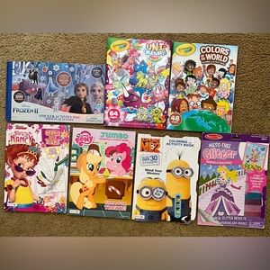 Variety of coloring books, activity books and glitter doll toy (ages 3-7)